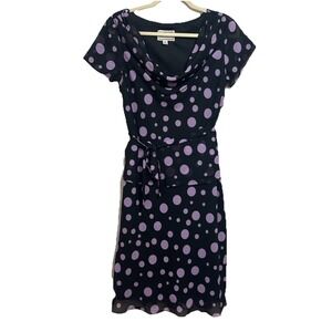 Karin Steven's Black & Purple Polka Dot Cowl Neck Midi Short Sleeve Dress Size 6
